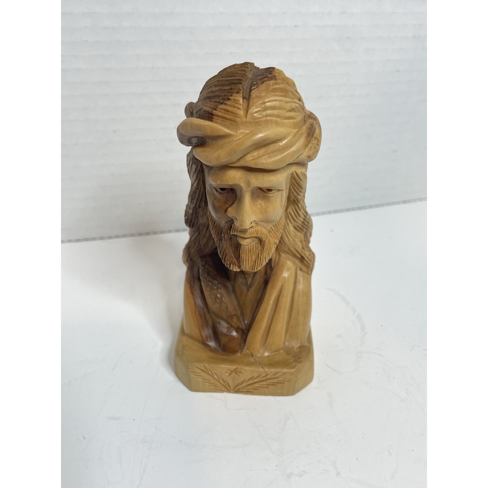 Vintage Holy Land Olive Wood hand Carved Bust of Jesus in Thorn Crown